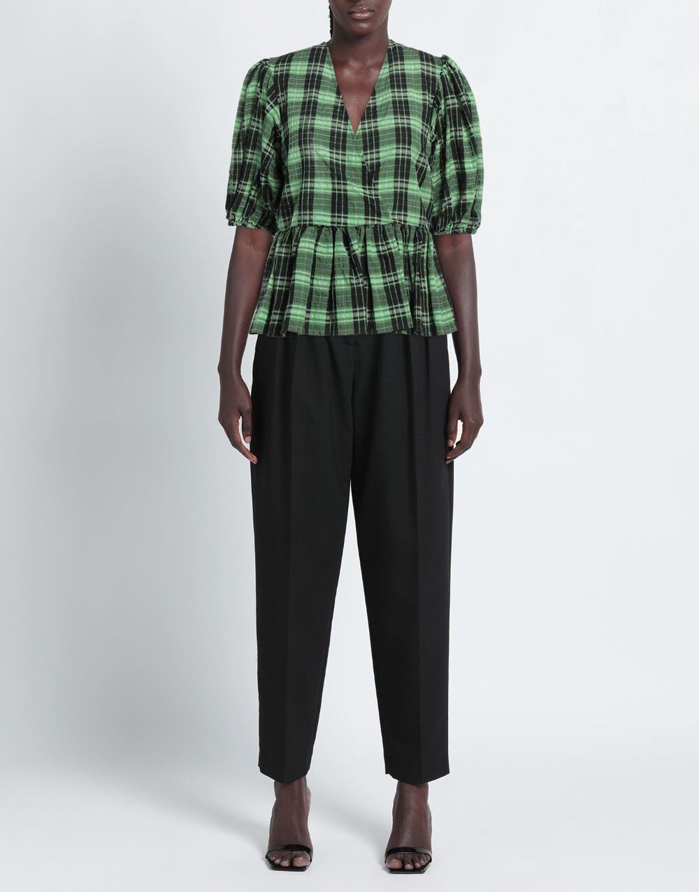 Ganni Balloon Sleeve Green Seersucker Check Wrap Blouse Women's Size XL